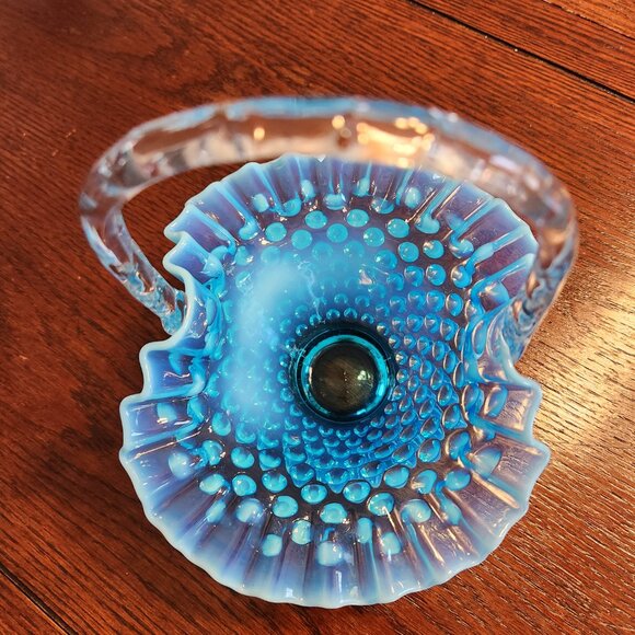 Vintage Fenton Blue Opalescent Hobnail Basket - Picture 7 of 11
